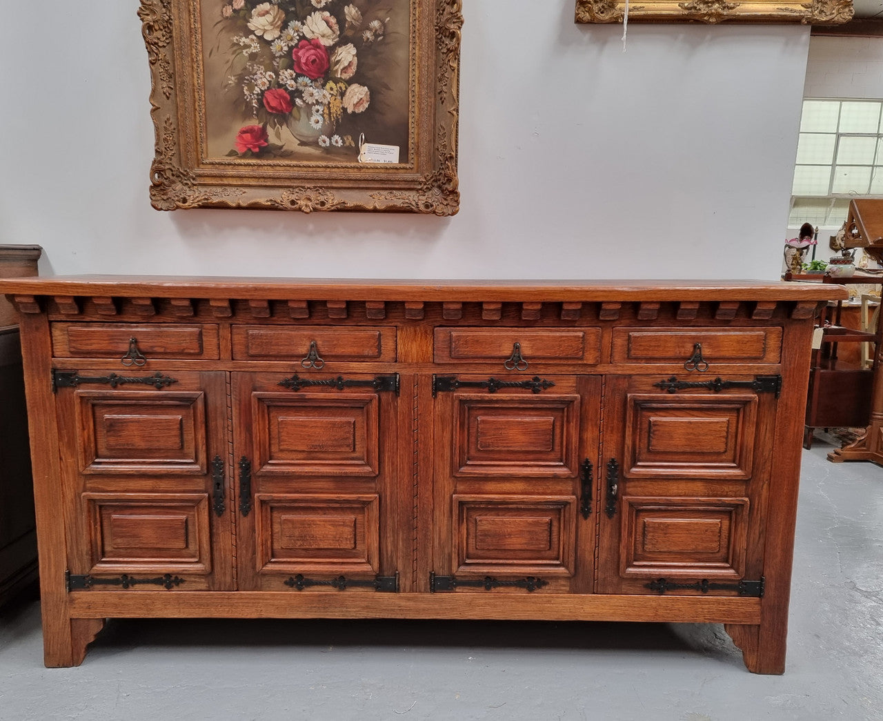 Large French Oak Spanish Style 4 Door Buffet