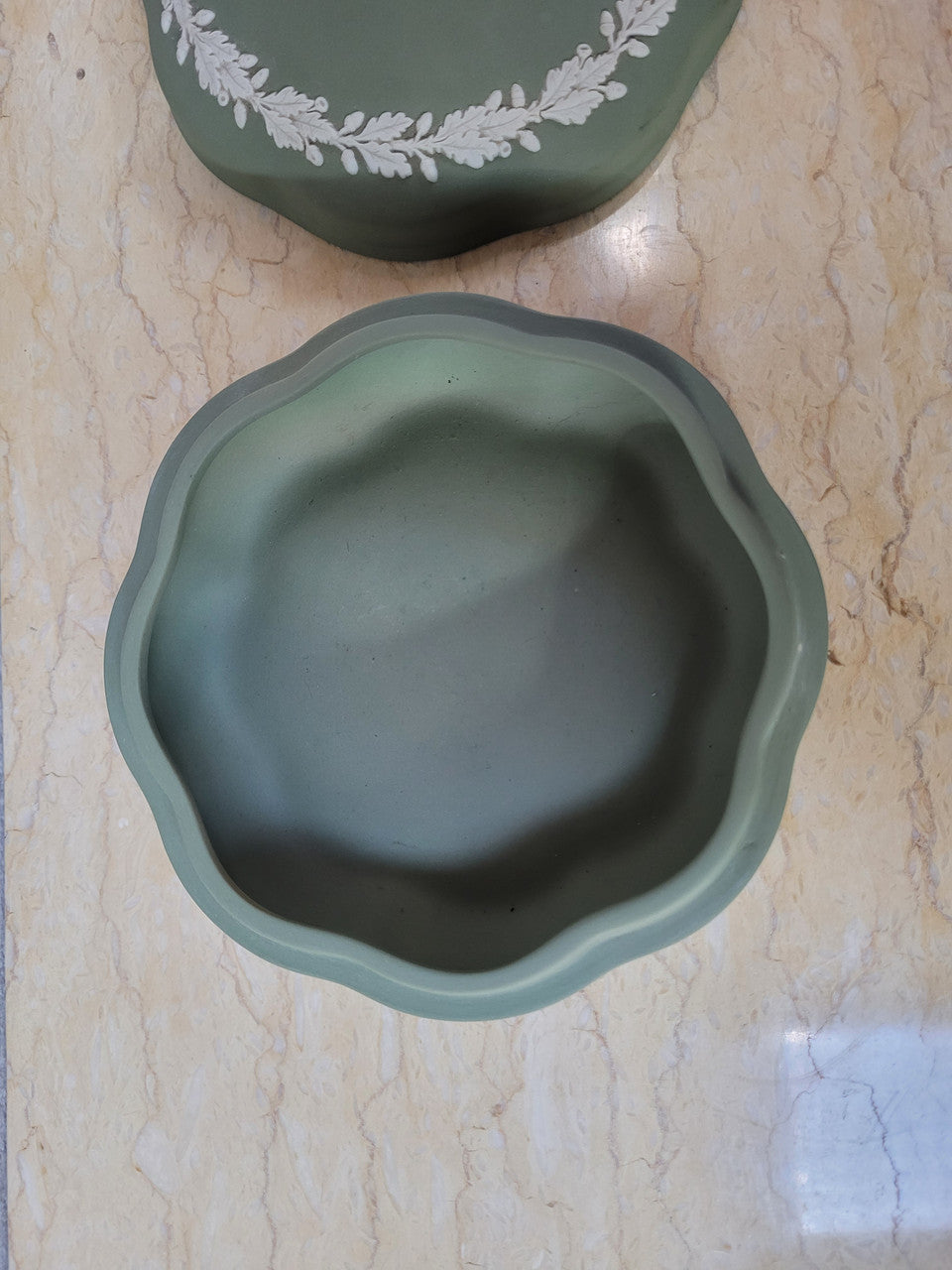 For Sale At Moonee Ponds Antiques Vintage classical design green jasper “Wedgwood” large round lidded trinket box. In good condition please view photos as they help form part of the description.