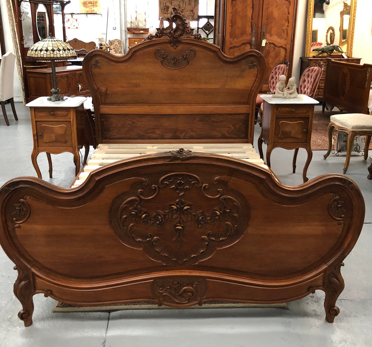 French Walnut Louis XV style queen size bed. Comes with custom made slats, all you need to is place you mattress on top.