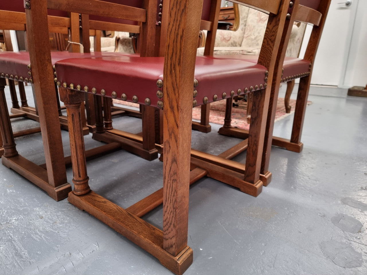 Set Of Eight Oak Upholstered With Faux Leather Dinning Chairs