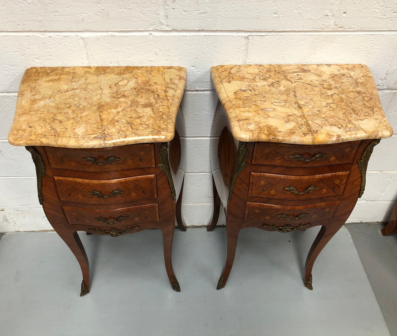 Pair of French Louis XV Style Marquetry Inlaid Marble Top Bedsides