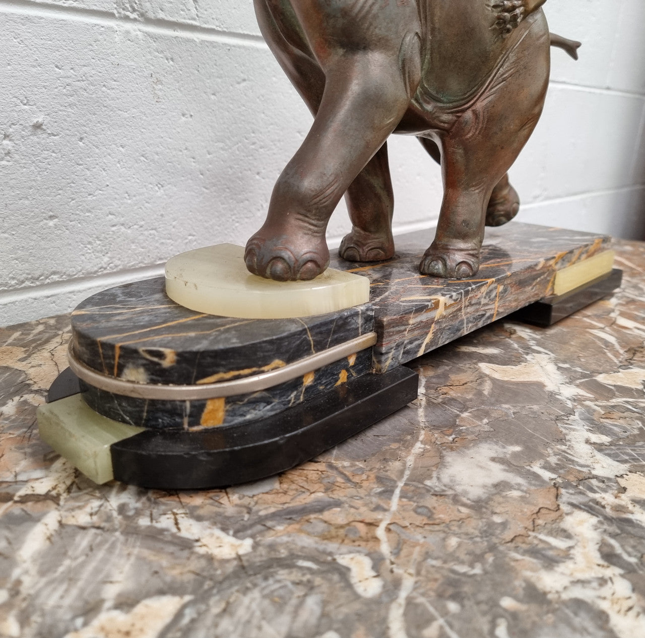 "Irenee Rochard" Art Deco Elephant and Panther statue on a beautiful marble base. Signed on the Elephants leg and sourced from France. It is in good original detailed condition.