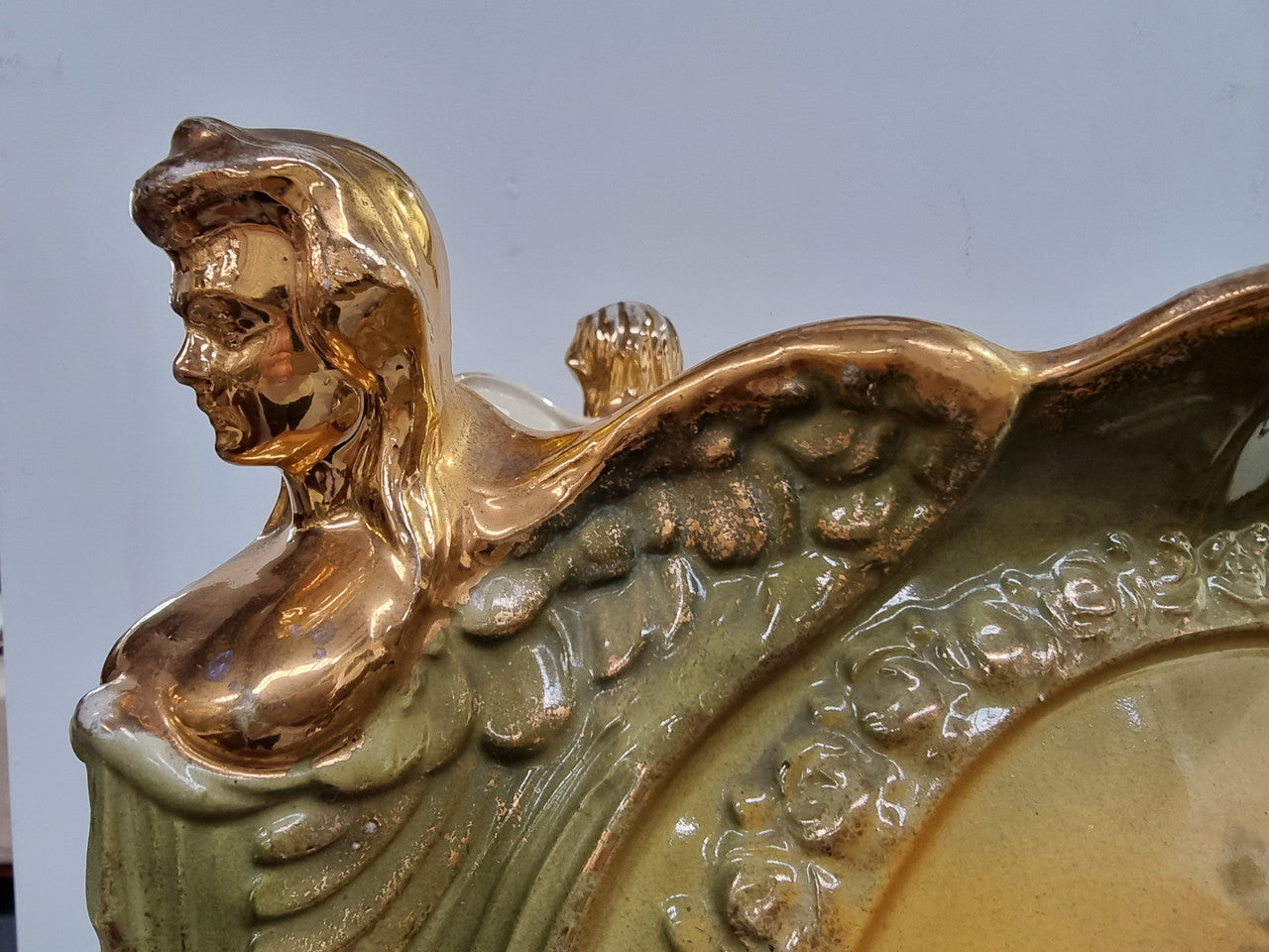 Large late Victorian English jardinière featuring three women figureheads. In good condition some loss to gilding on the figureheads, place view photos as they help form part of the description.