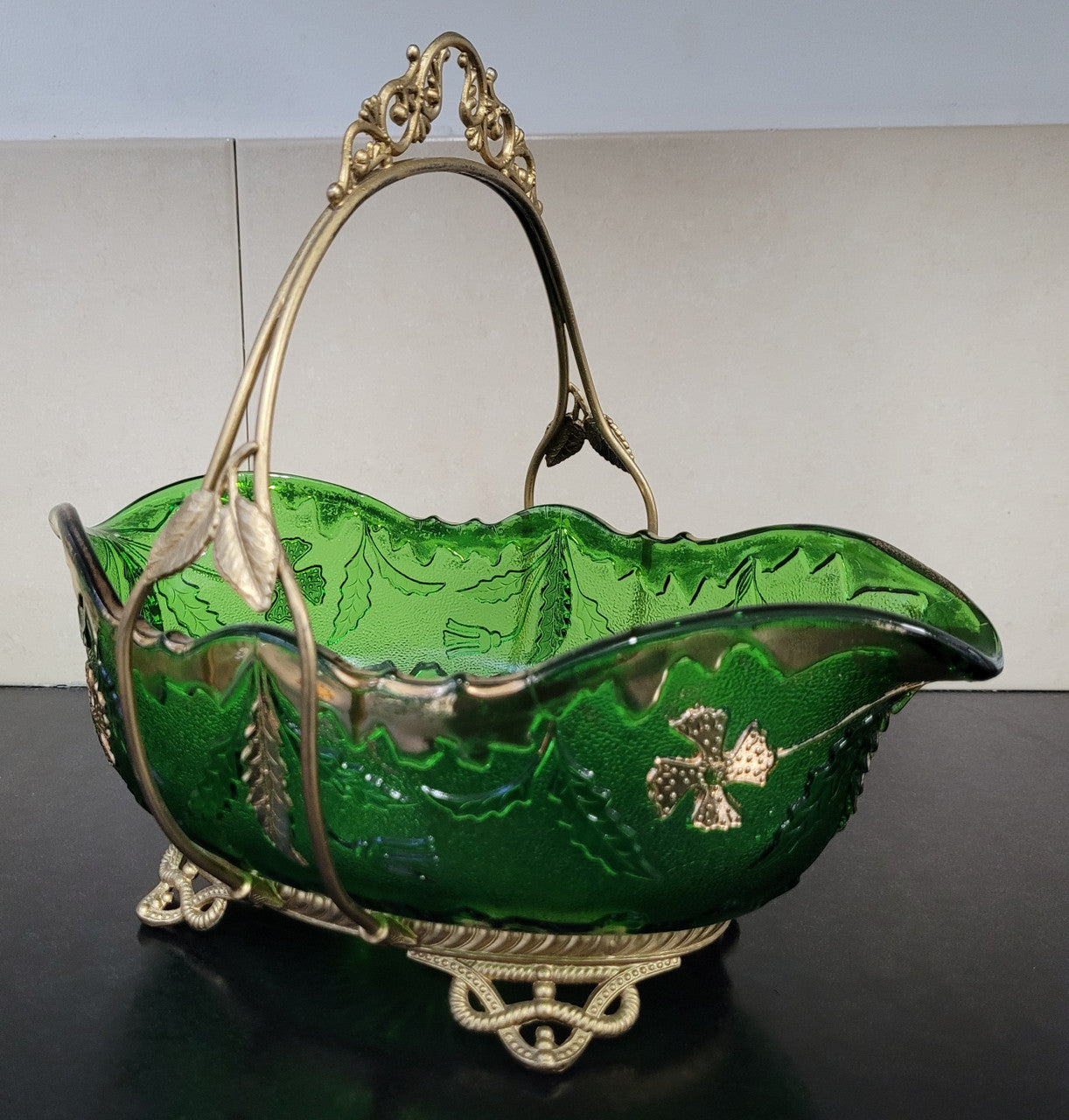Victorian emerald green and gilt decorated glass bowl with ornate gilt metal stand. It is in good original condition, please view photos as they help form part of the description.
