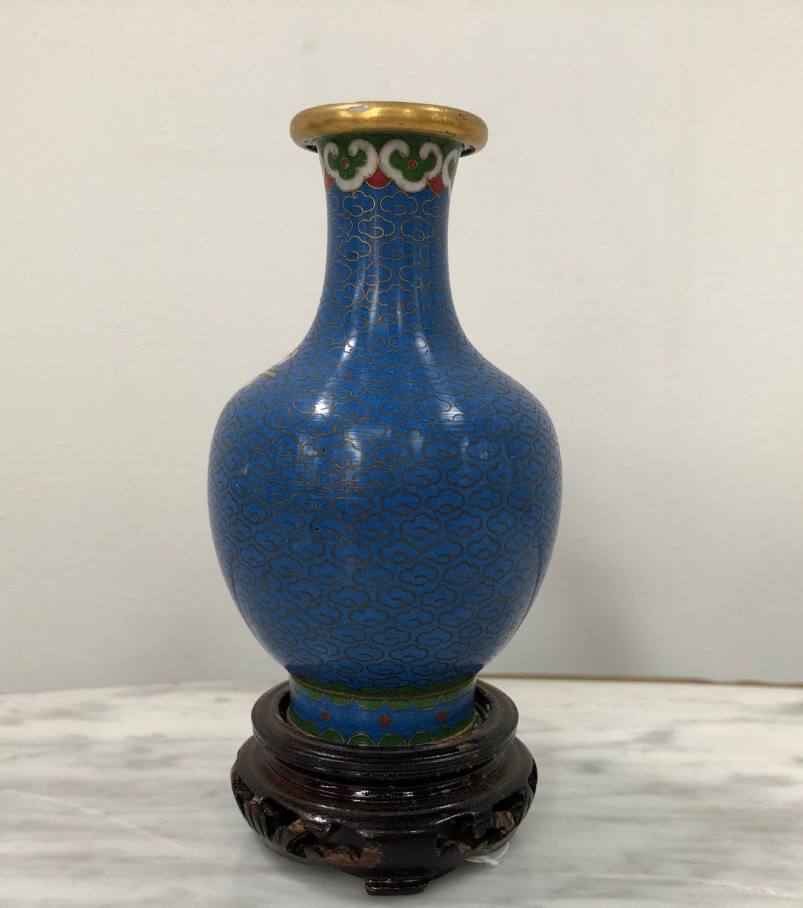 Small Blue Cloisonné Vase On Carved Stand