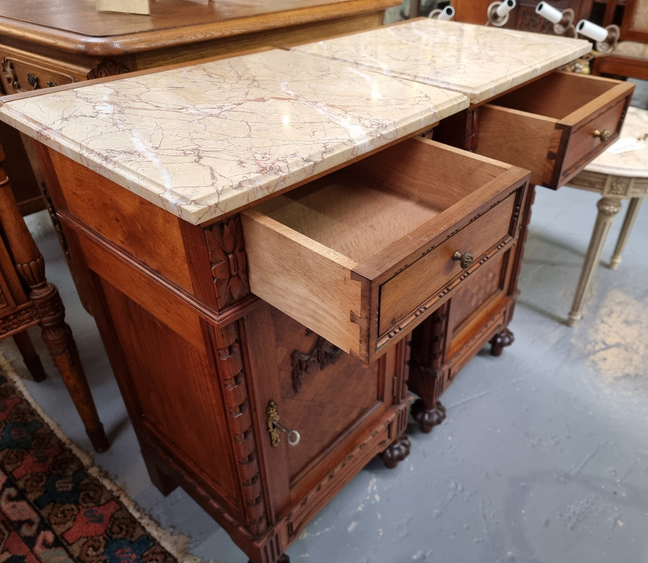 Impressive Pair of Walnut Parquetry Inlaid Henry II Style Marble Top Bedside Cabinets