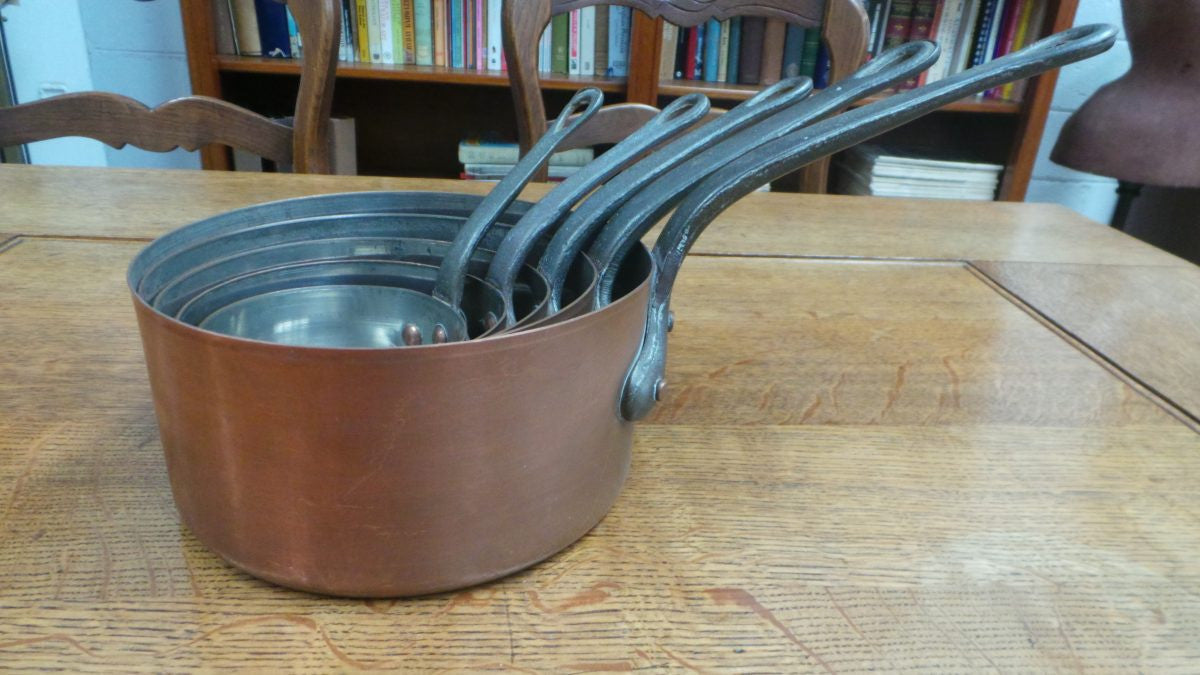 Set of Five French Copper Saucepans