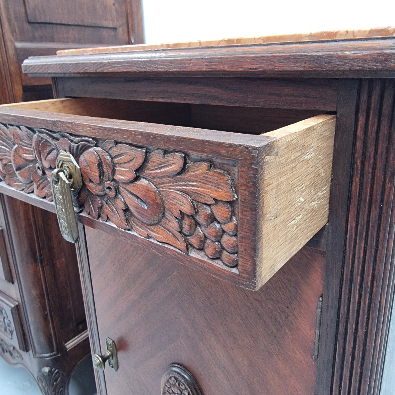 Pair Of French Oak Art Deco Inset Marble Top Bedsides