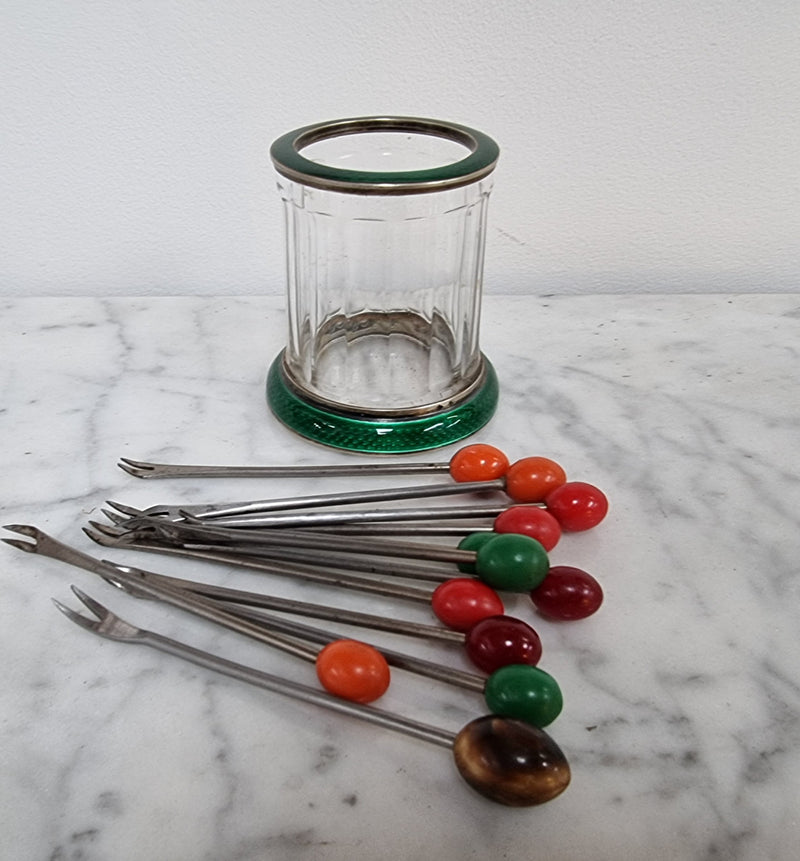 Rare French Silver, enamel and glass forks holder with 12 forks in good original condition, please view photos as they help form part of the description.