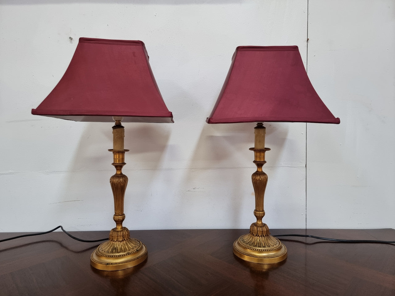 Pair of French Antique 19th Century Gilt Bronze Candlestick Lamps & Shades