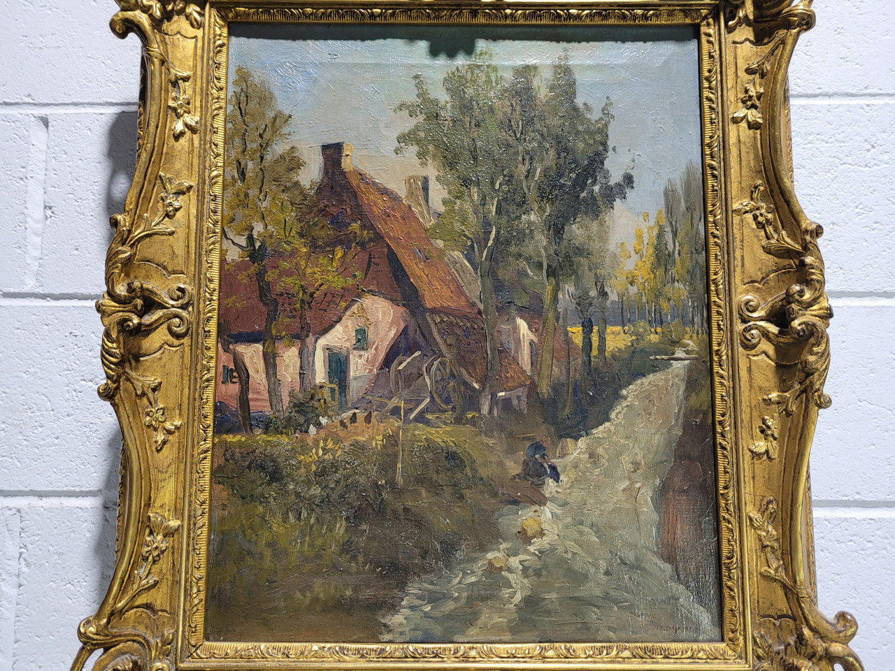 Stunning french oil on canvas signed “Dykman” painting, depicting farmhouse scene and in original gilt frame.