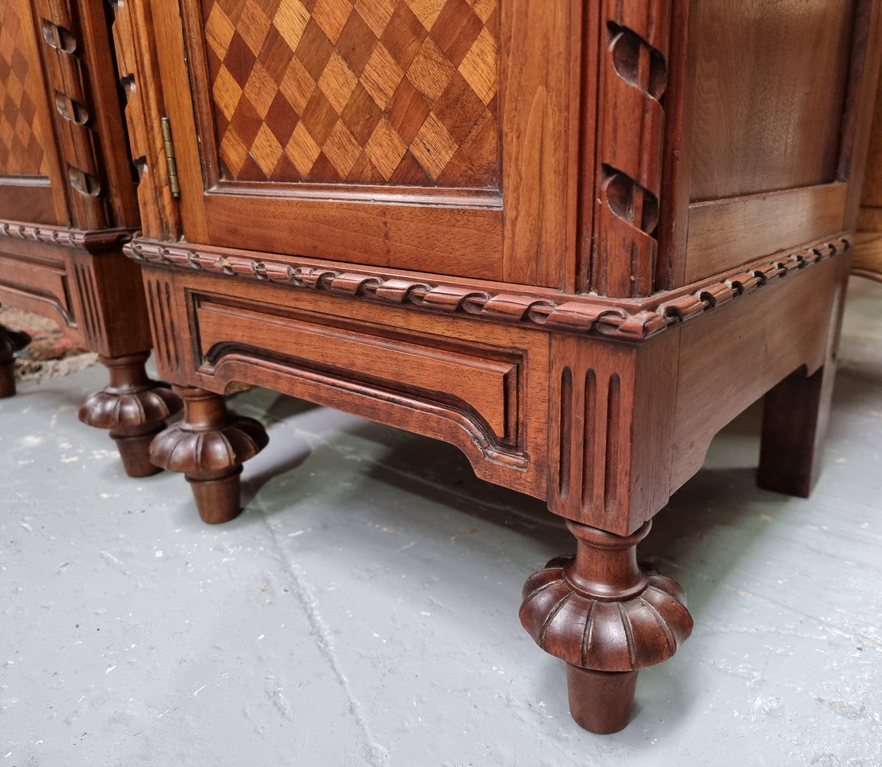 Impressive Pair of Walnut Parquetry Inlaid Henry II Style Marble Top Bedside Cabinets