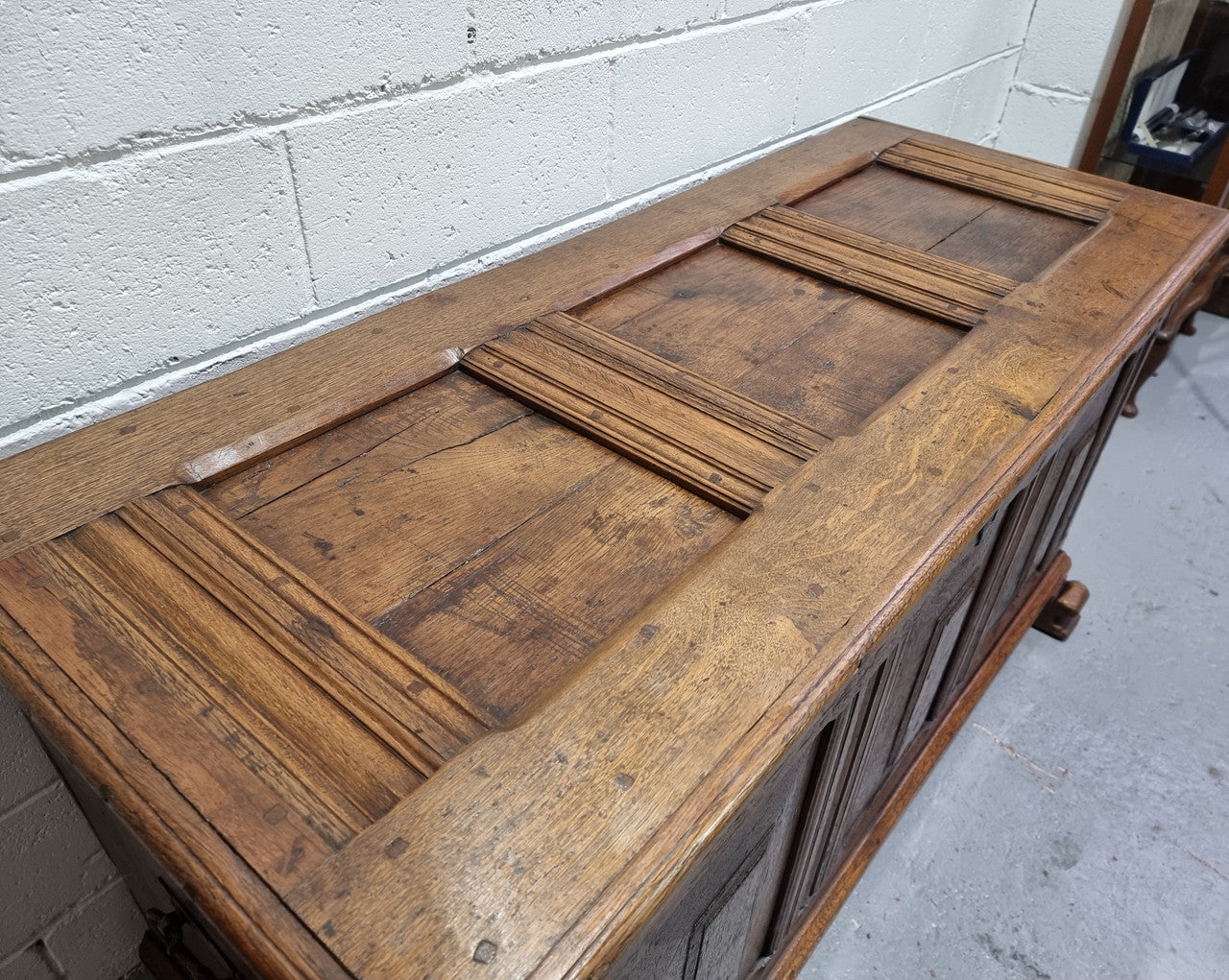 Fabulous rustic early 19th Century French Oak carved coffer with lovely details in good original condition.
