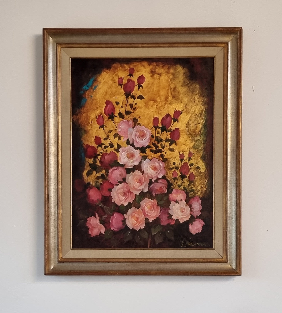 French Signed Floral Oil On Canvas In Silver Gilt & Gilt Frame