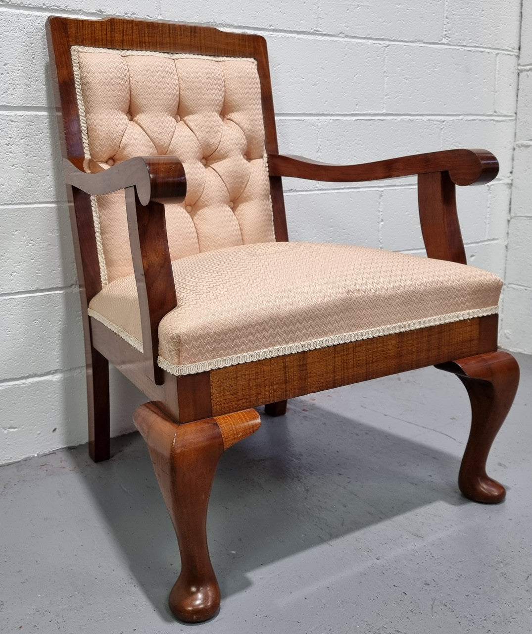 Australian Fiddleback Blackwood upholstered armchair with queen anne legs. In good original condition.