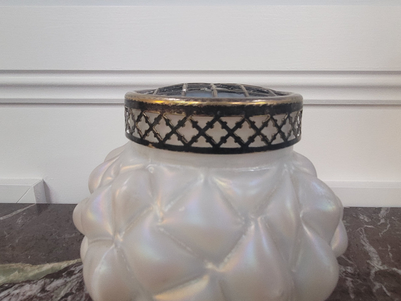 Iridescent Loetz glass vase with flower insert. Please view photos as they help form part of the description.