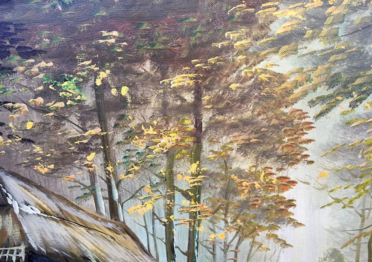 Vintage French oil painting on canvas in original gilt frame of "Forest Cottage Scene". Circa 1950's.