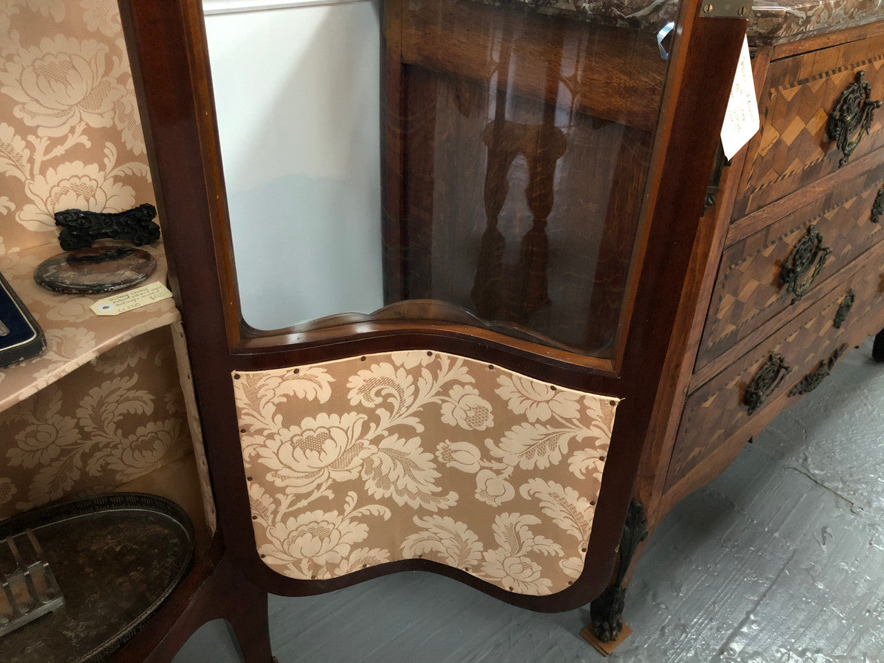 Stunning Antique Louis XV Style Walnut & Marquetry Inlay Vitrine
