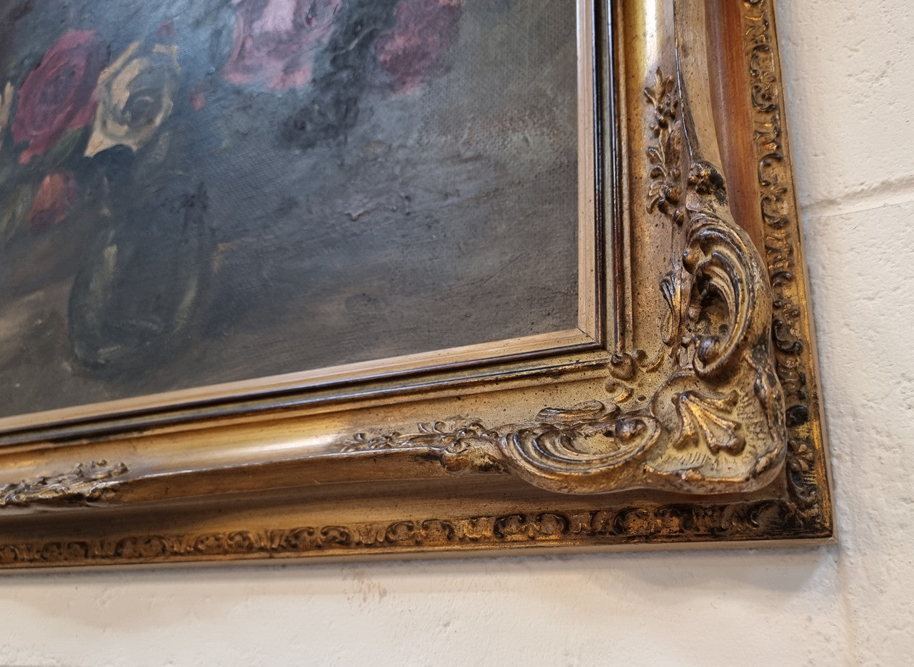 Beautiful Gilt Framed and Signed Oil on Board Depicting Roses in Floral Arrangement