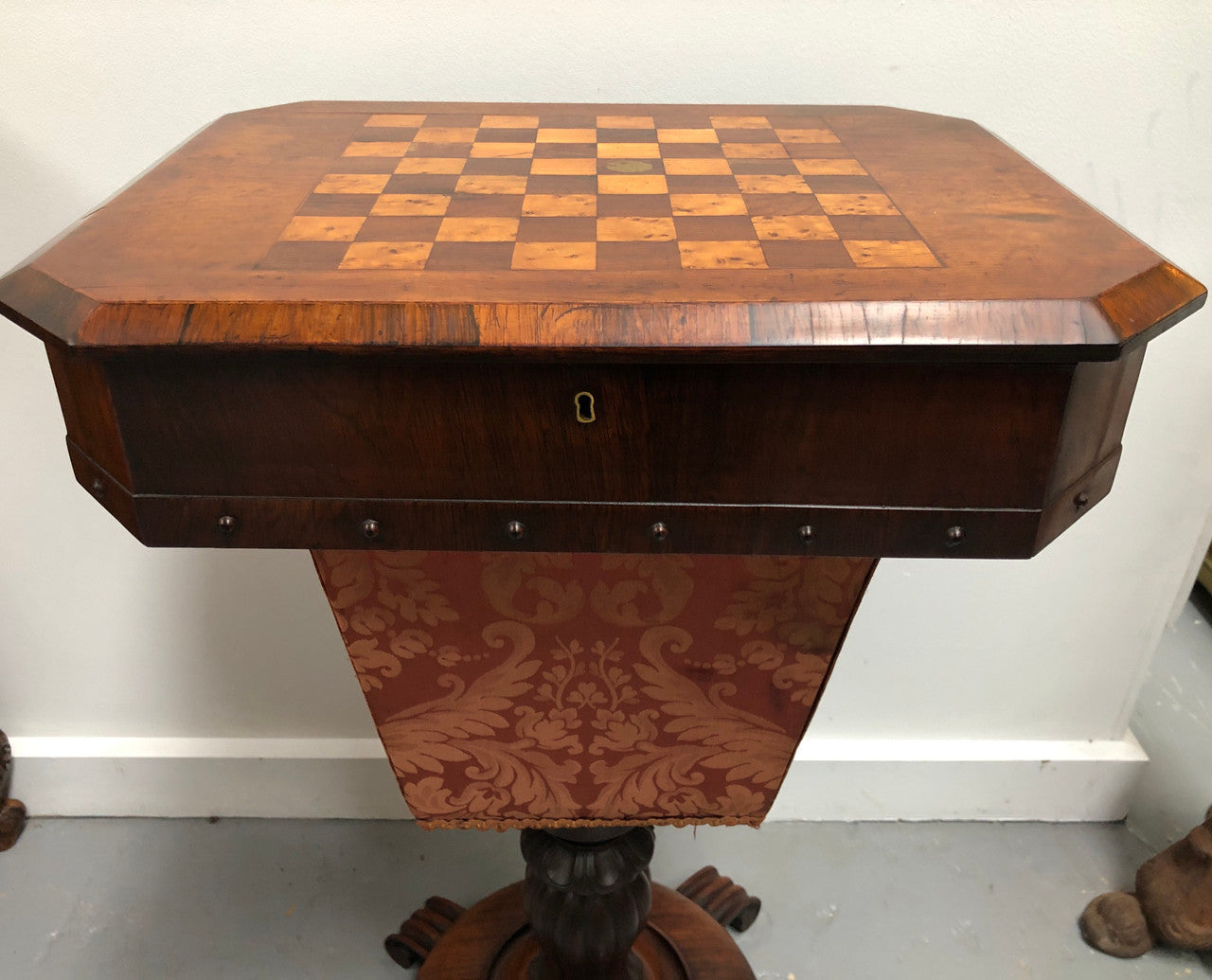 Early Victorian work/sewing/chess table. In amazing original detailed condition and it has been sourced locally. Circa: 1840.