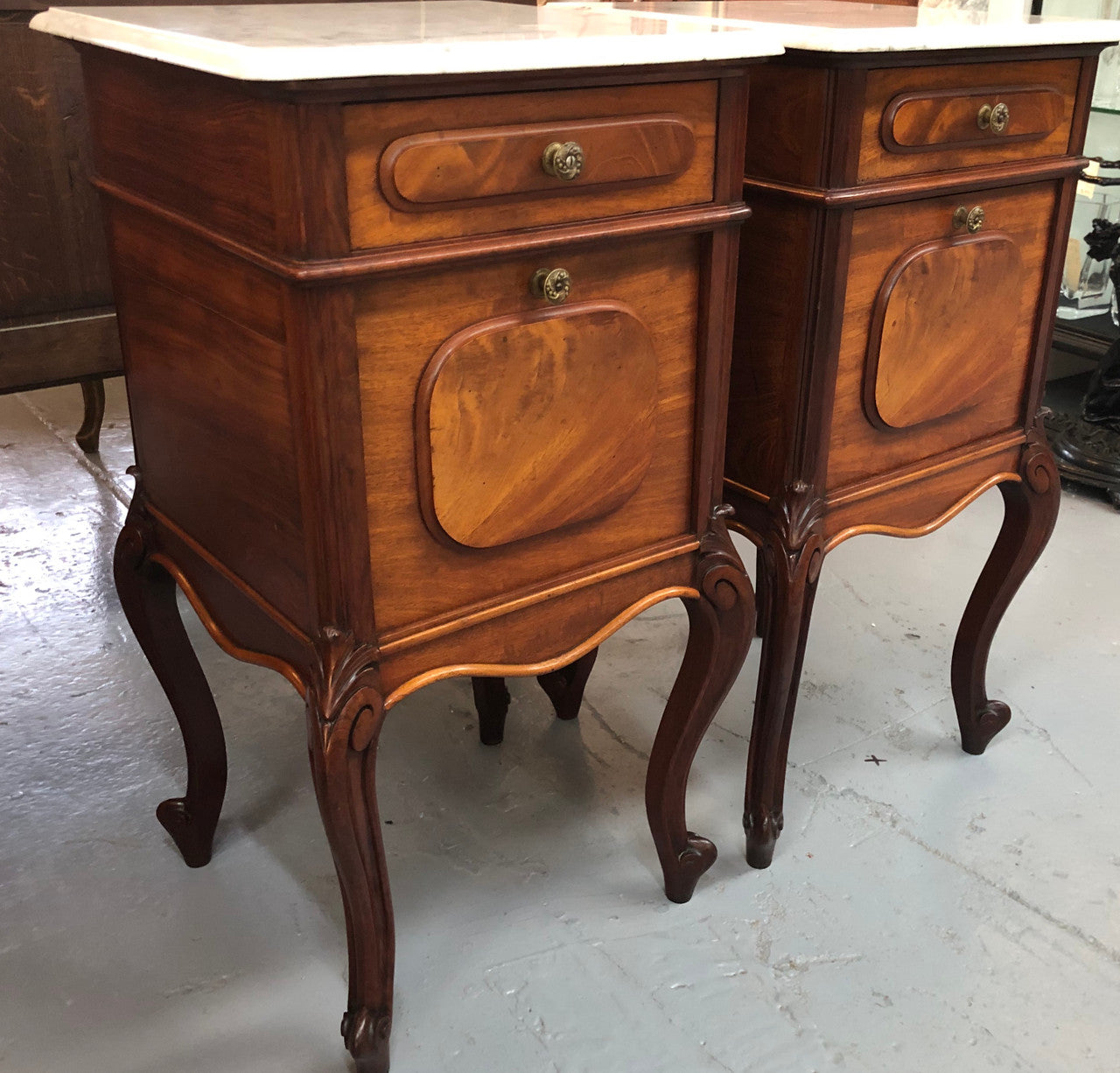 Pair Of White Marble Top Mahogany Bedside Cabinets