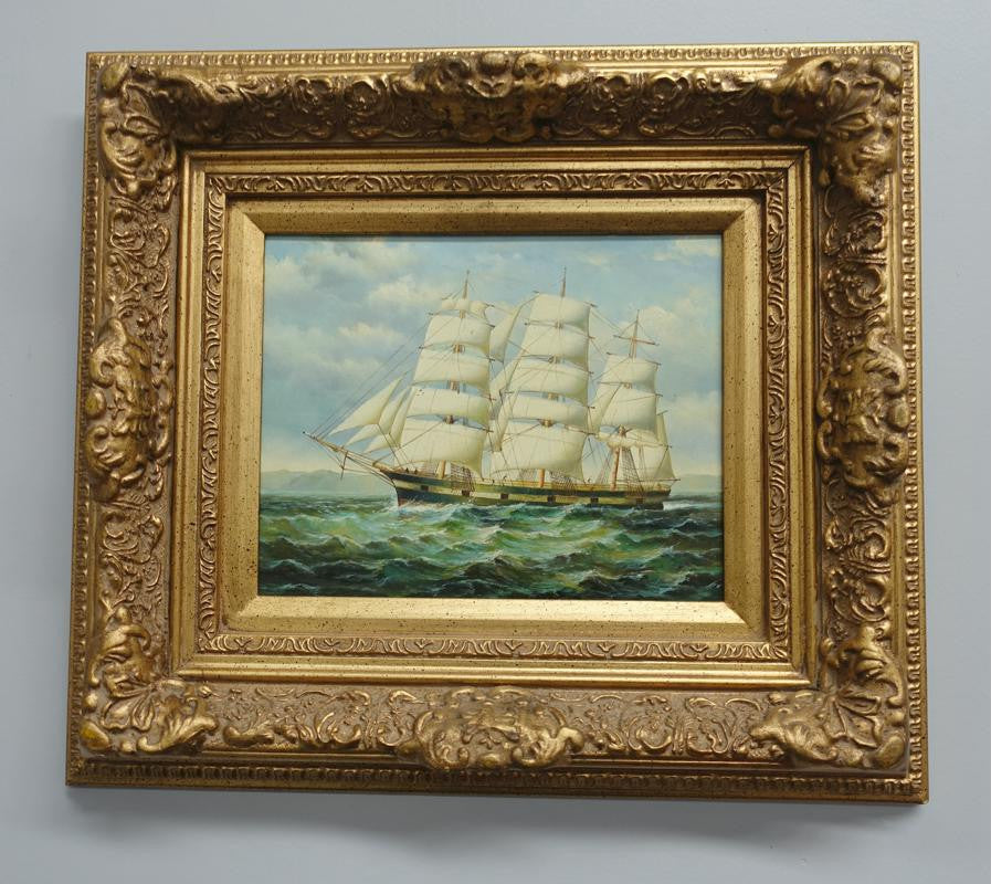 Decorative Oil On Board Painting Of A Ship In Gilt Frame