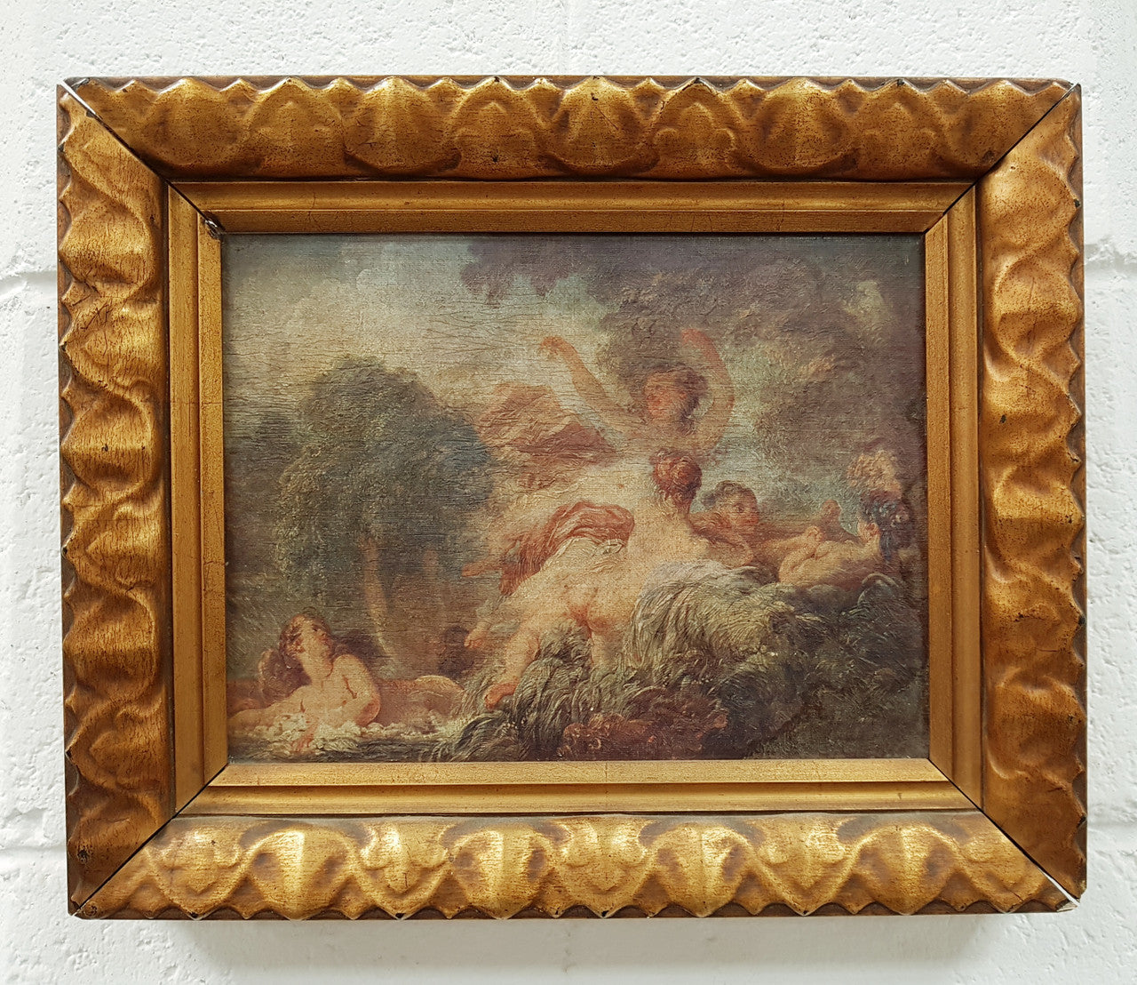 Antique Oleograph Of Romantic Scene In Original Gilt Frame