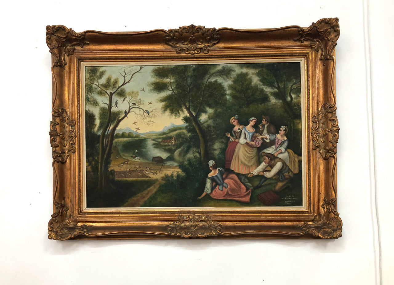 French "Romantic Scene" oil on board in a stunning gilt frame. It is signed and in very good detailed original condition.