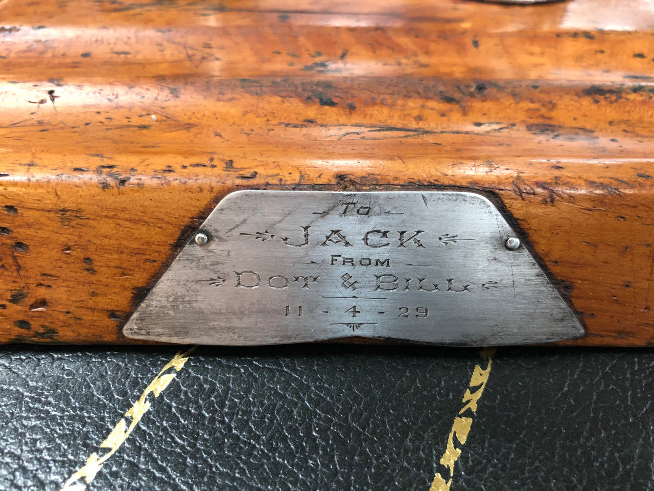 Rustic Cedar & Chrome dual ink well with plaque. Is in good original condition.