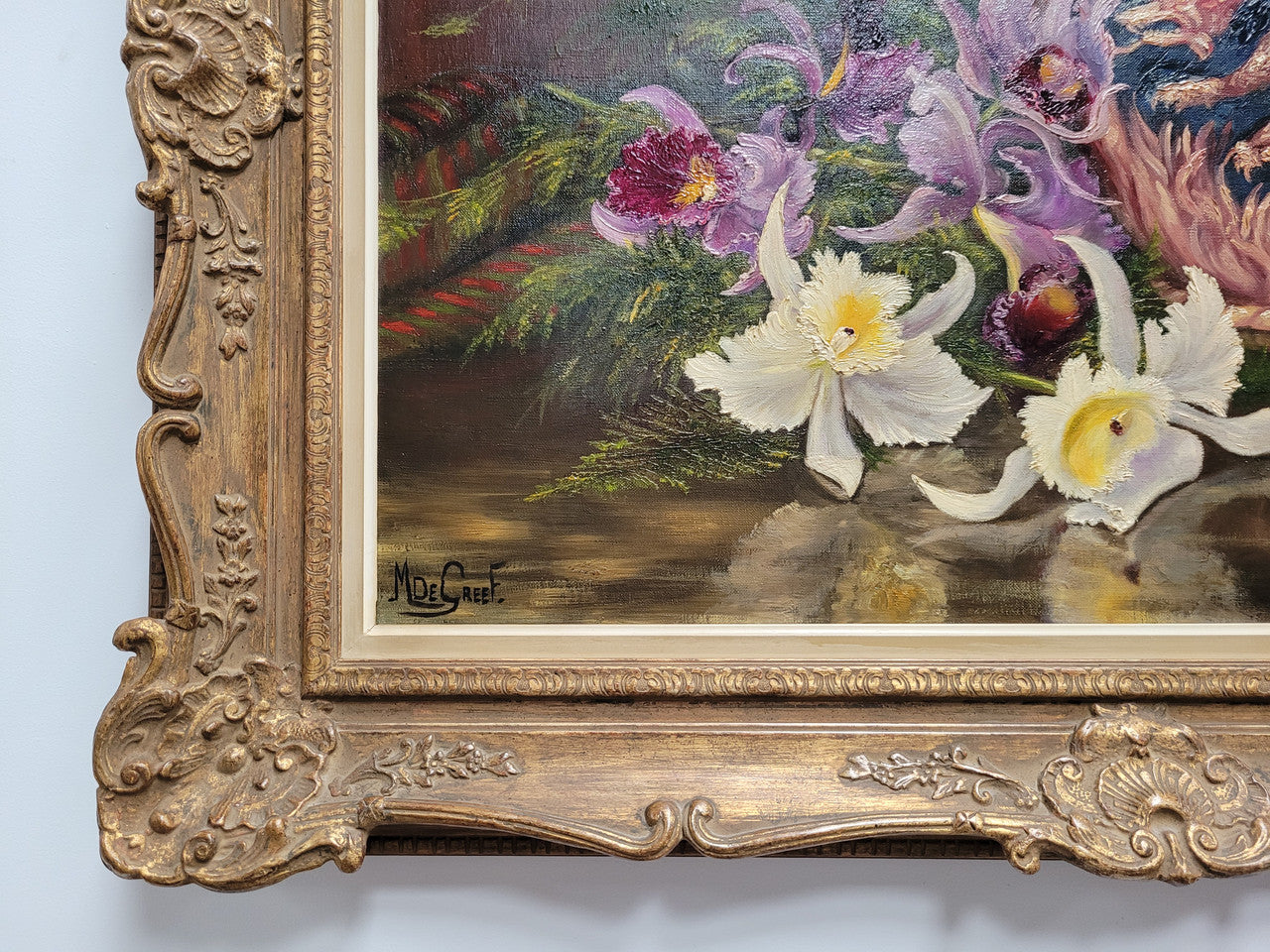 Stunning oil on canvas still life of flowers and vase painting in gilt frame. Sourced in France and signed by Belgium artist M.Degreef. It is in good original detailed condition.