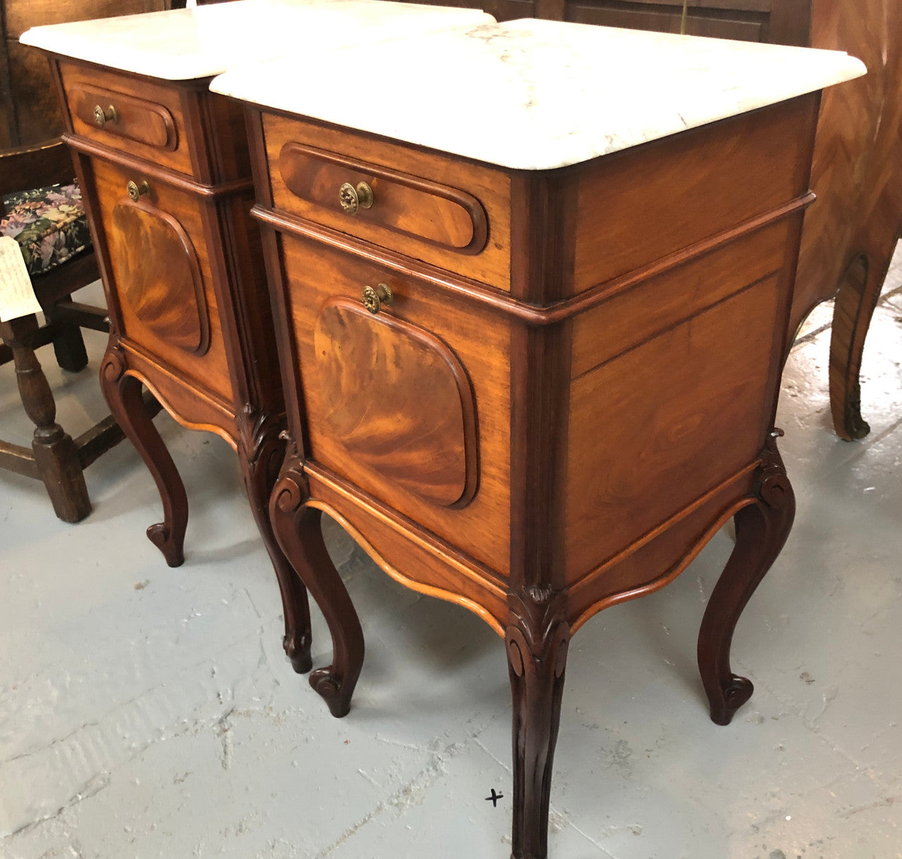 Pair Of White Marble Top Mahogany Bedside Cabinets