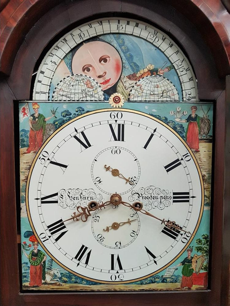 Late Georgian Flame Mahogany Case Moon Phase Dial Grandfather Clock