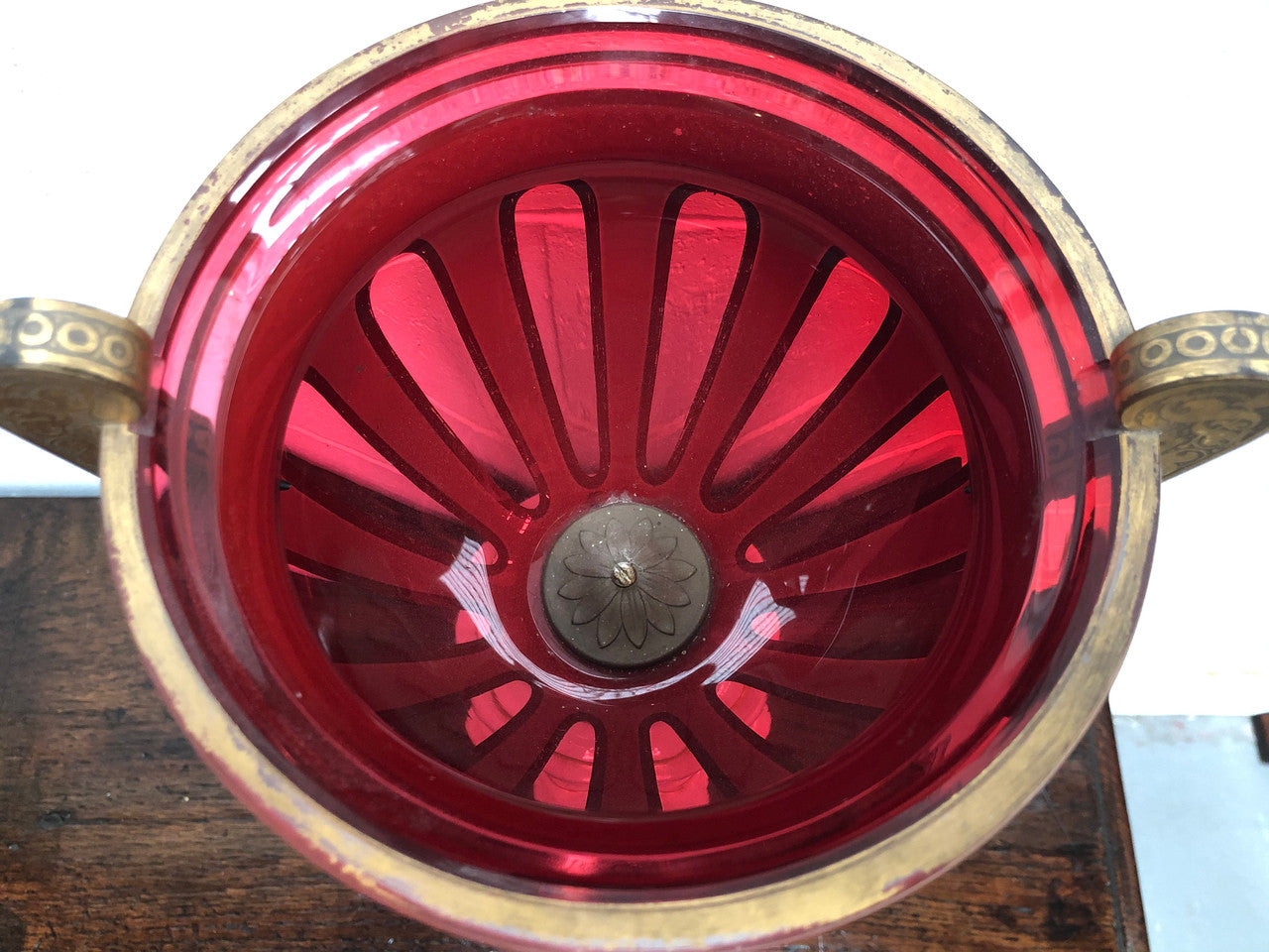 Stunning Victorian overlay ruby glass Centerpiece in good original condition.