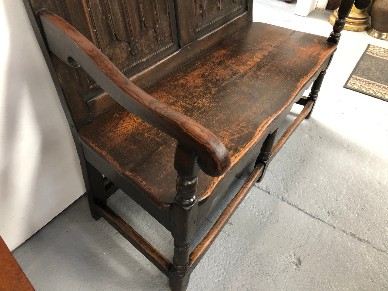 French 19th Century Oak hallway bench seat. Very comfortable to sit on and is in good original detailed condition.