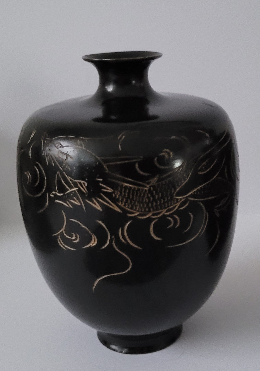 Pair of Antique Meiji Period Japanese etched Bronze vases. It is in good original condition, please view photos as they help form part of the description.
