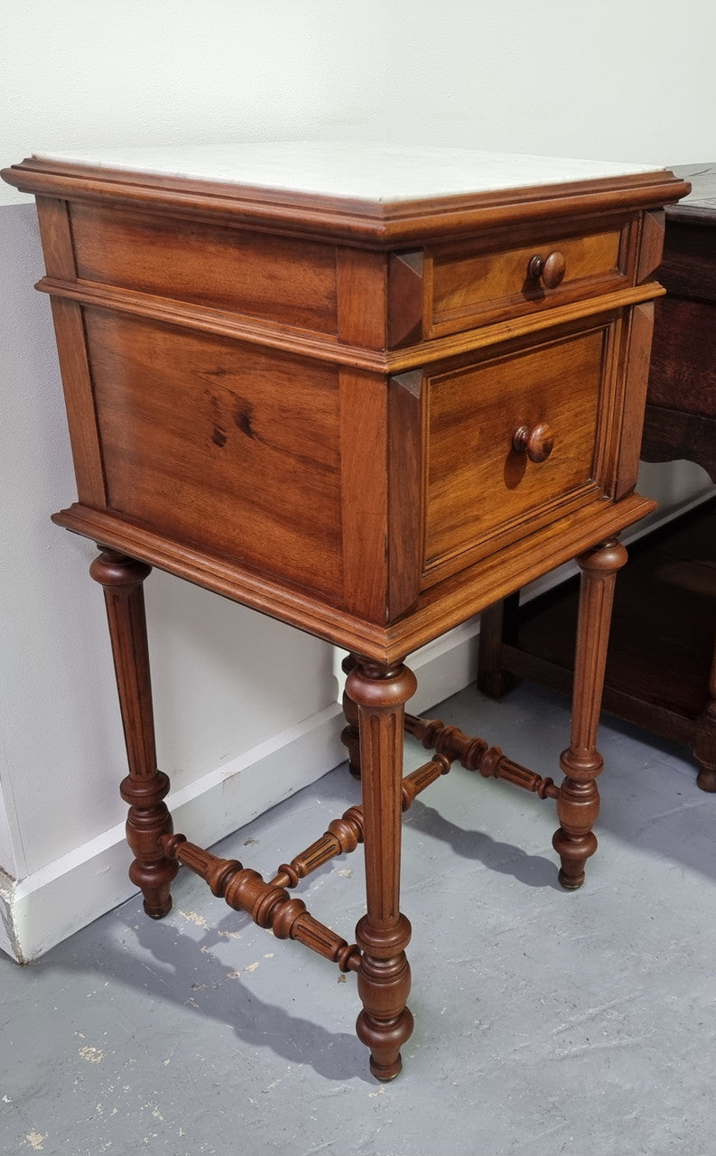 French Walnut Henry II Style Bedside Cabinet With White Marble Top