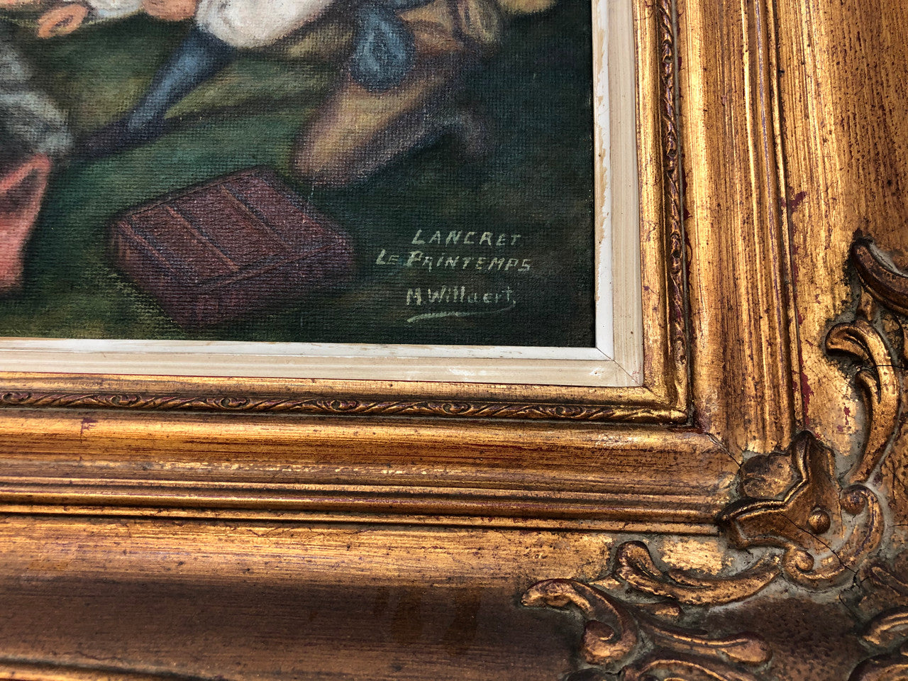 French "Romantic Scene" oil on board in a stunning gilt frame. It is signed and in very good detailed original condition.
