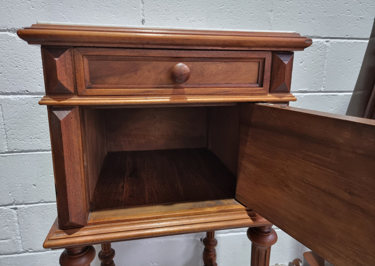 French Walnut Henry II Style Bedside Cabinet With White Marble Top