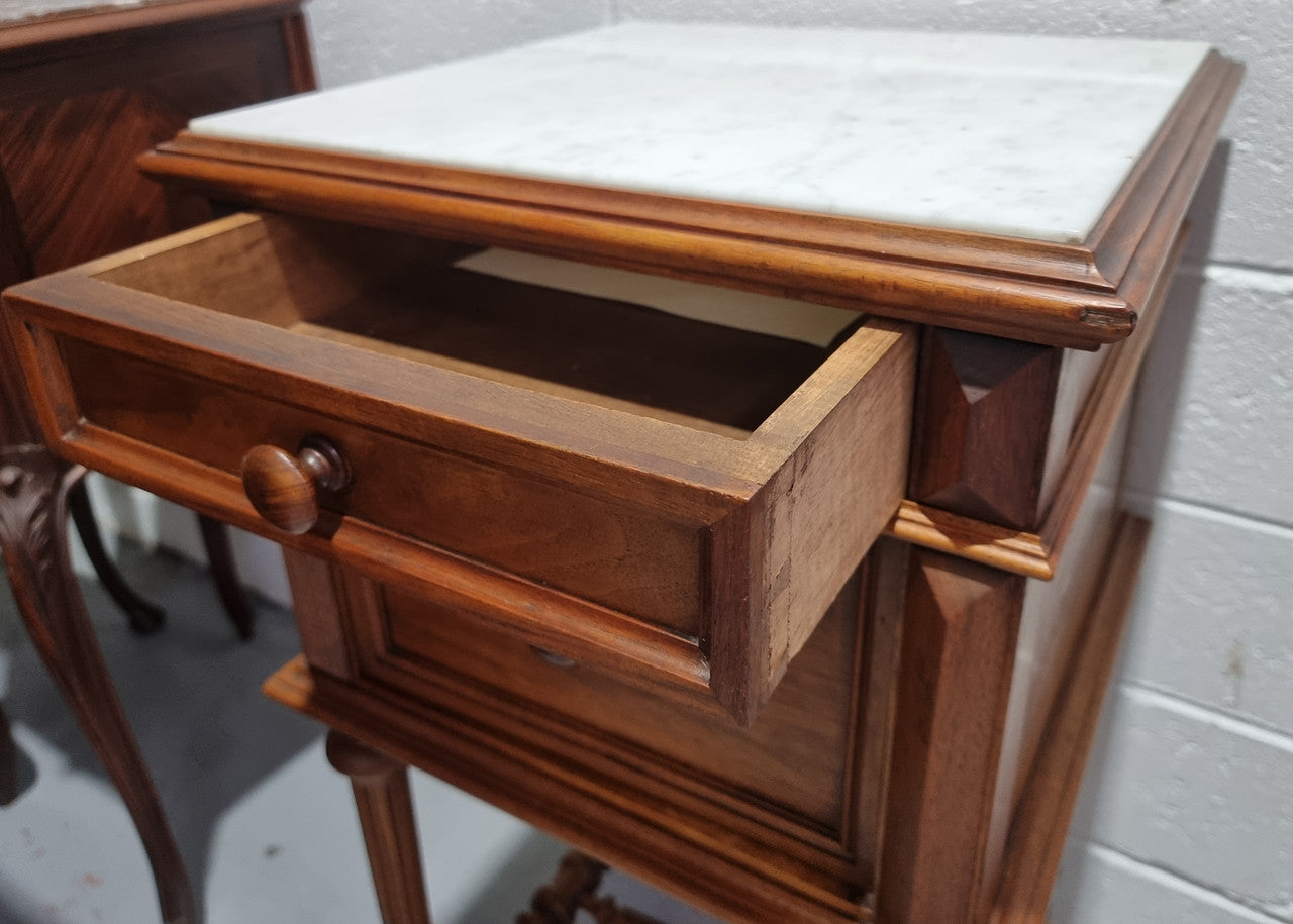 French Walnut Henry II Style Bedside Cabinet With White Marble Top