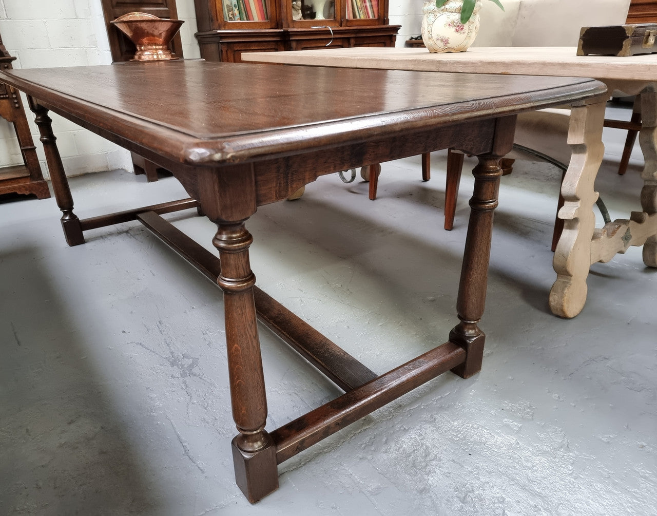 French Dark Oak Farmhouse Style Stretcher Base Dining Table