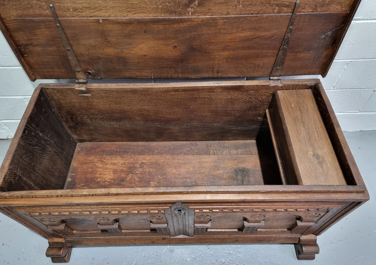 Fabulous carved French oak Antique Coffer / Chest with a lift up lid and loads of beautiful character in good original detailed condition.