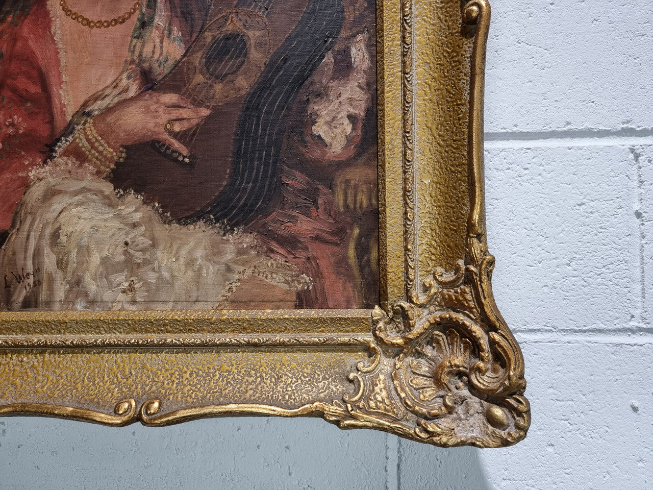 Stunning signed French oil on canvas of "The Serenade". In original gilt frame and is in good original condition.