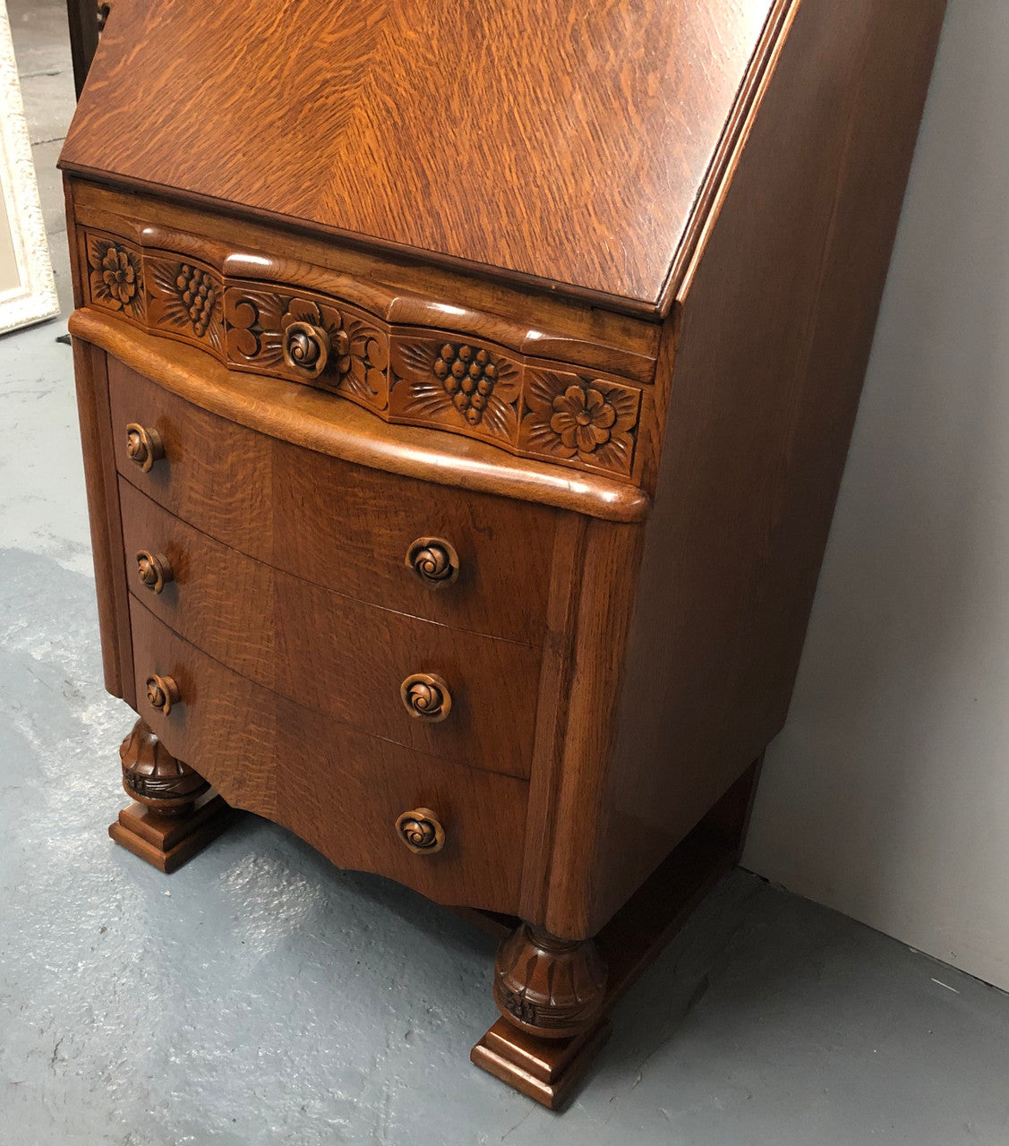 Tudor Style Oak Drop Down Writing Desk for sale at Moonee Ponds Antiques showroom in Airport West