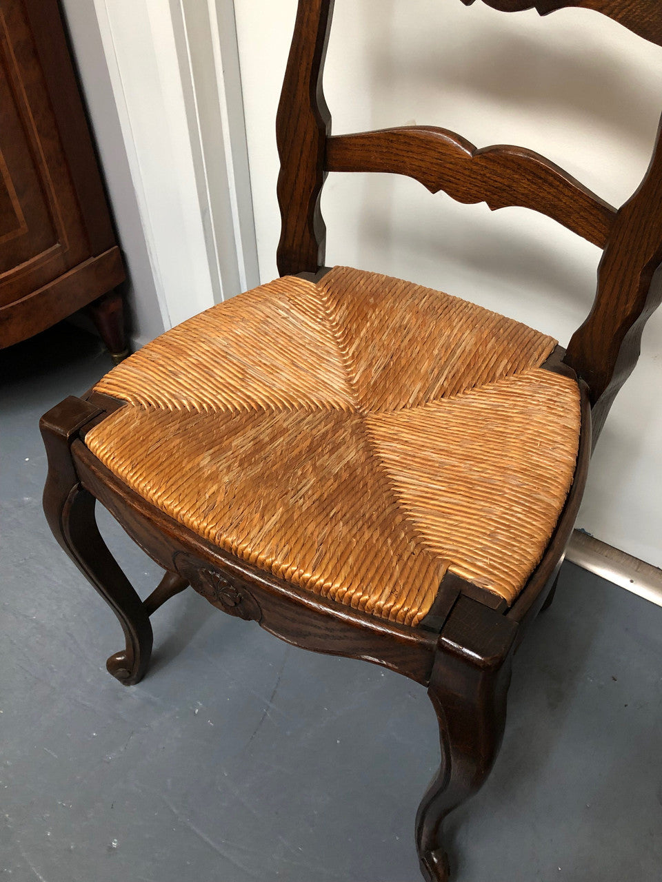 Lovely Set Of Six French Oak Rush Seat Dining Chairs
