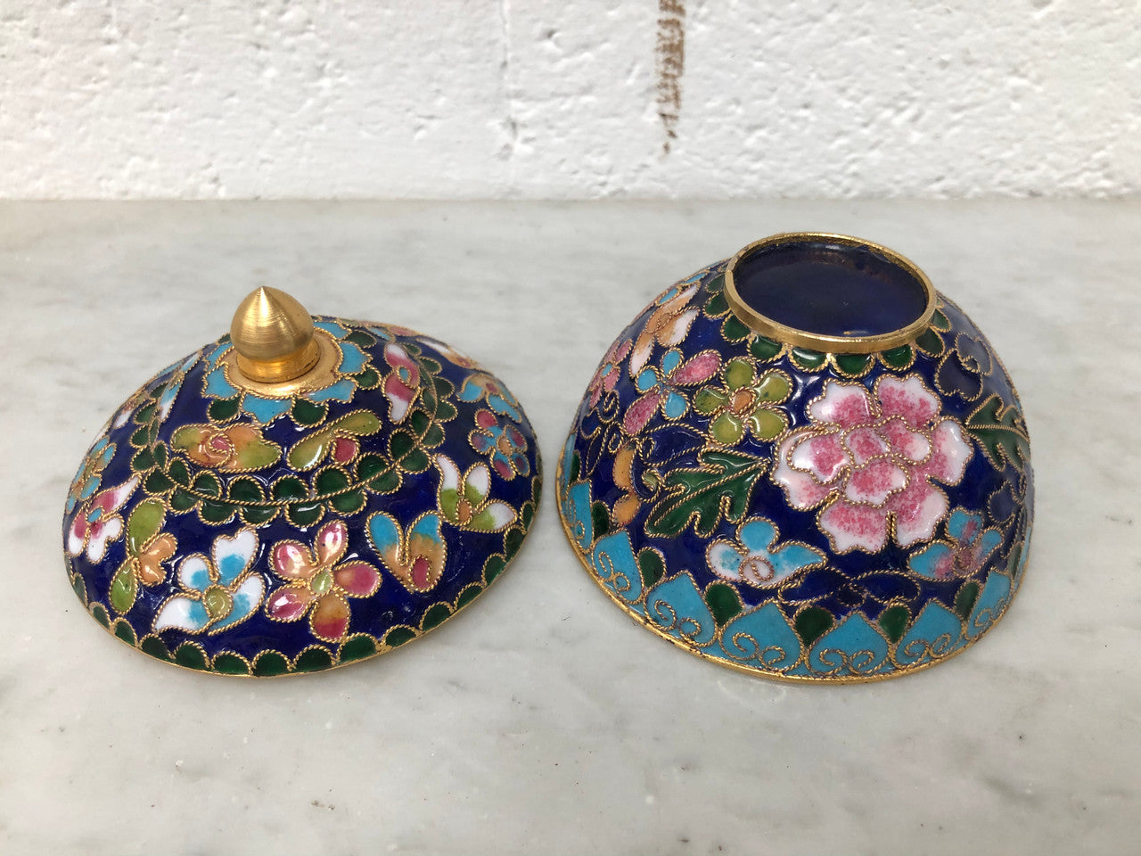 Very good quality Vintage Champleve enamel lidded bowl. In good original condition.