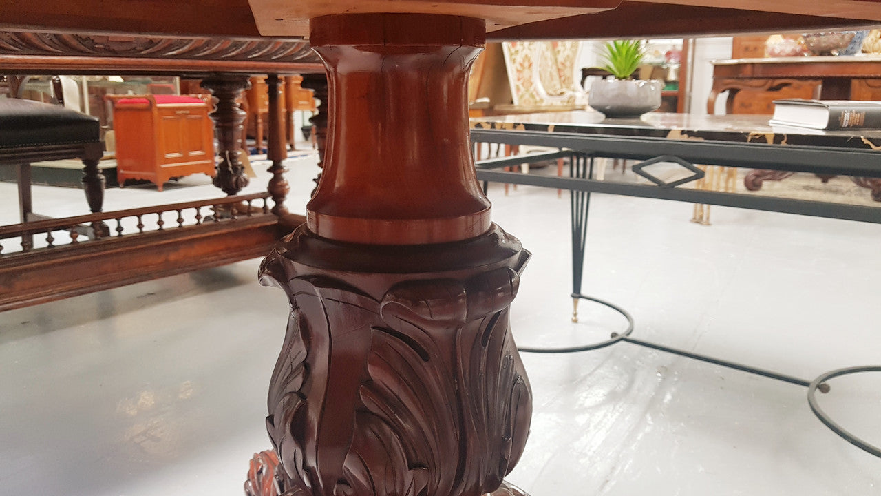 A superb early 19th century French Louis Philippe mahogany centre table, with original round carved rough marble with reeded-edge and is in good original condition.