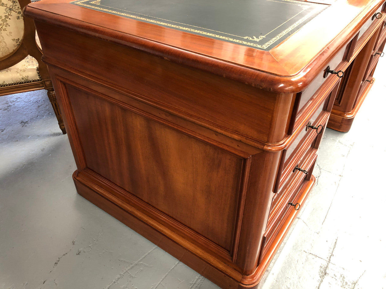 Antique French Mahogany and leather inset top double pedestal partners desk. Plenty of storage space with 9 long drawers on one side and space for someone to sit on the other side. In good restored condition. Circa 1880's.