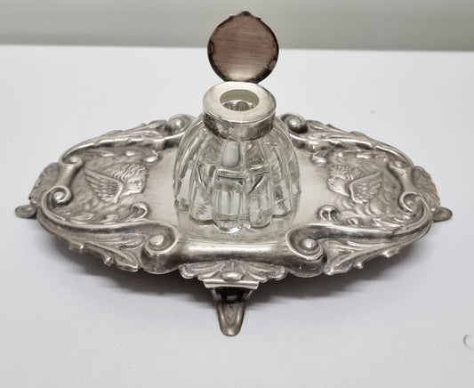 Edwardian Silver Plated Ink Stand Cherub Embossed Design
