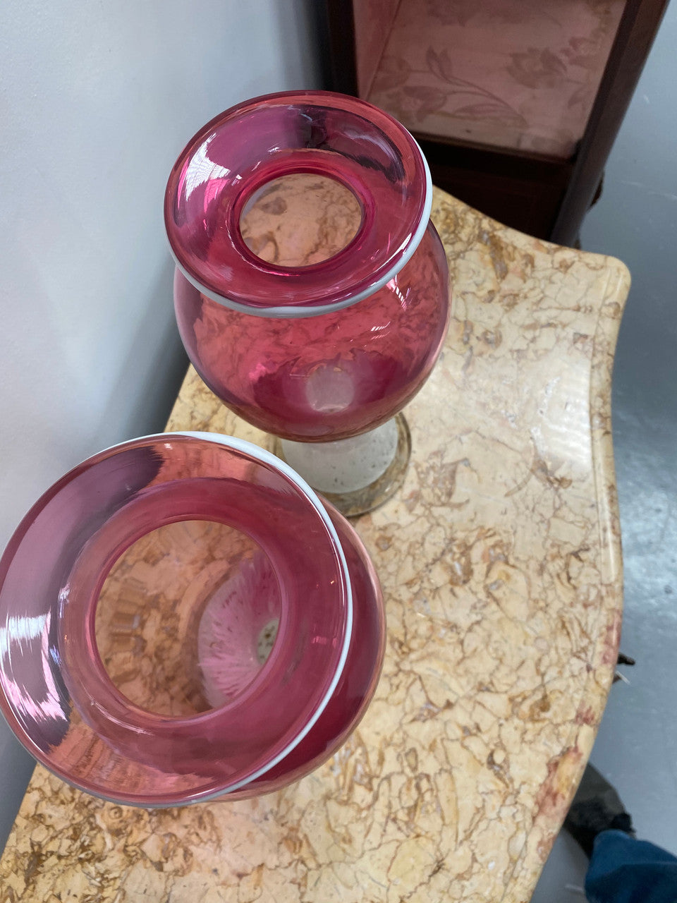 Pair of large Edwardian Ruby & Milk art glass vases. Handmade and in good condition. Circa 1900.