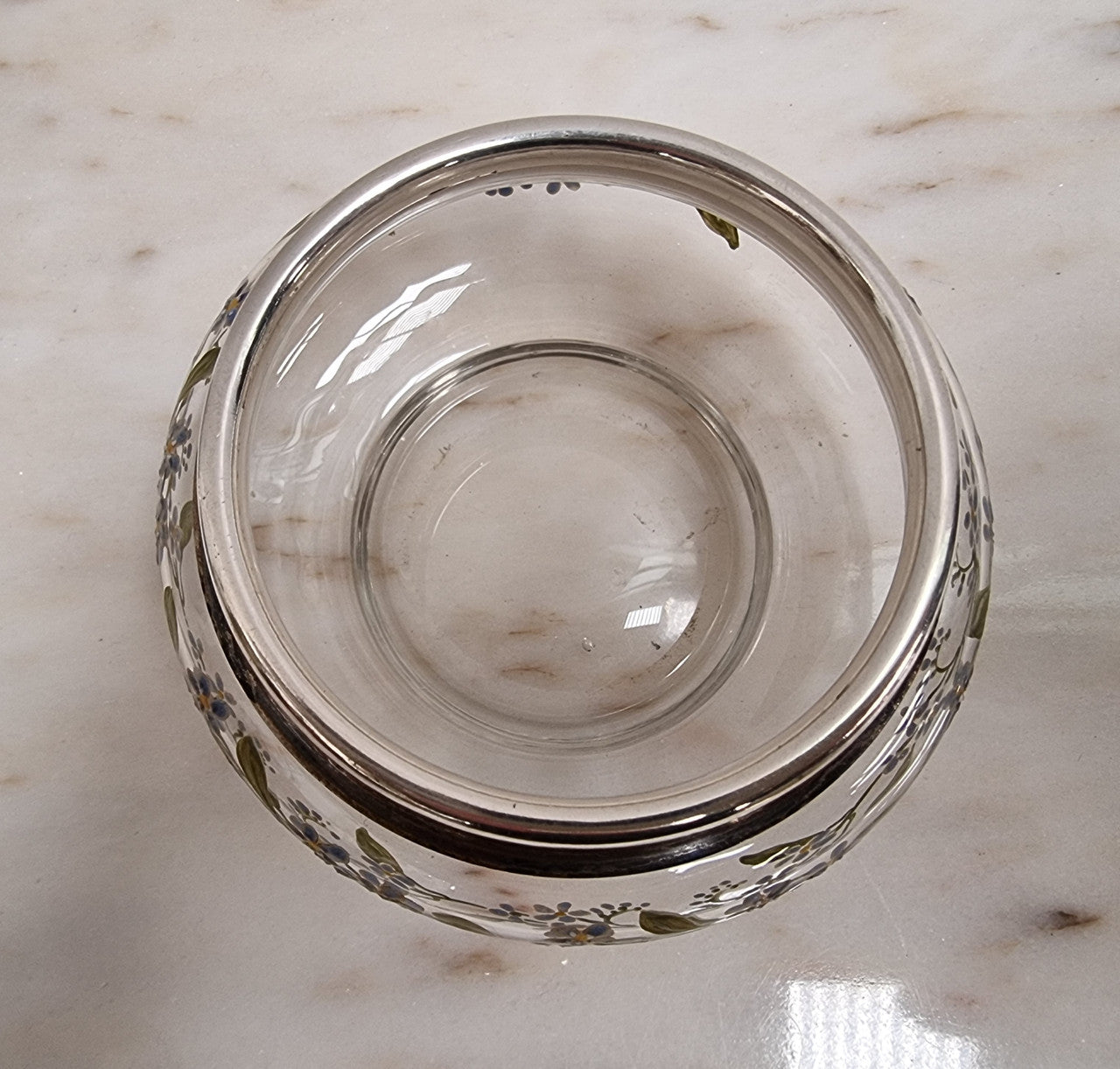 Edwardian Enameled Pattern Glass Dressing Table Bowl with Silver Plate Top